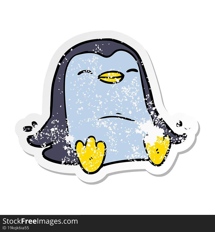 distressed sticker of a cartoon penguin