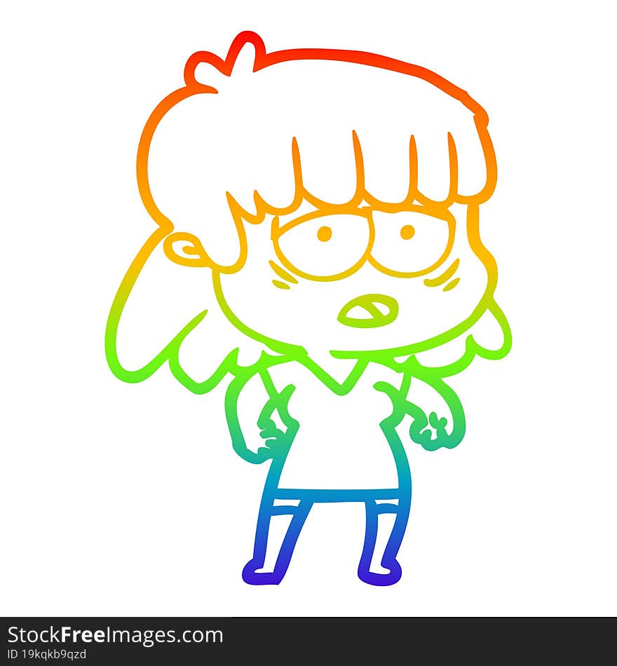 Rainbow Gradient Line Drawing Cartoon Tired Woman