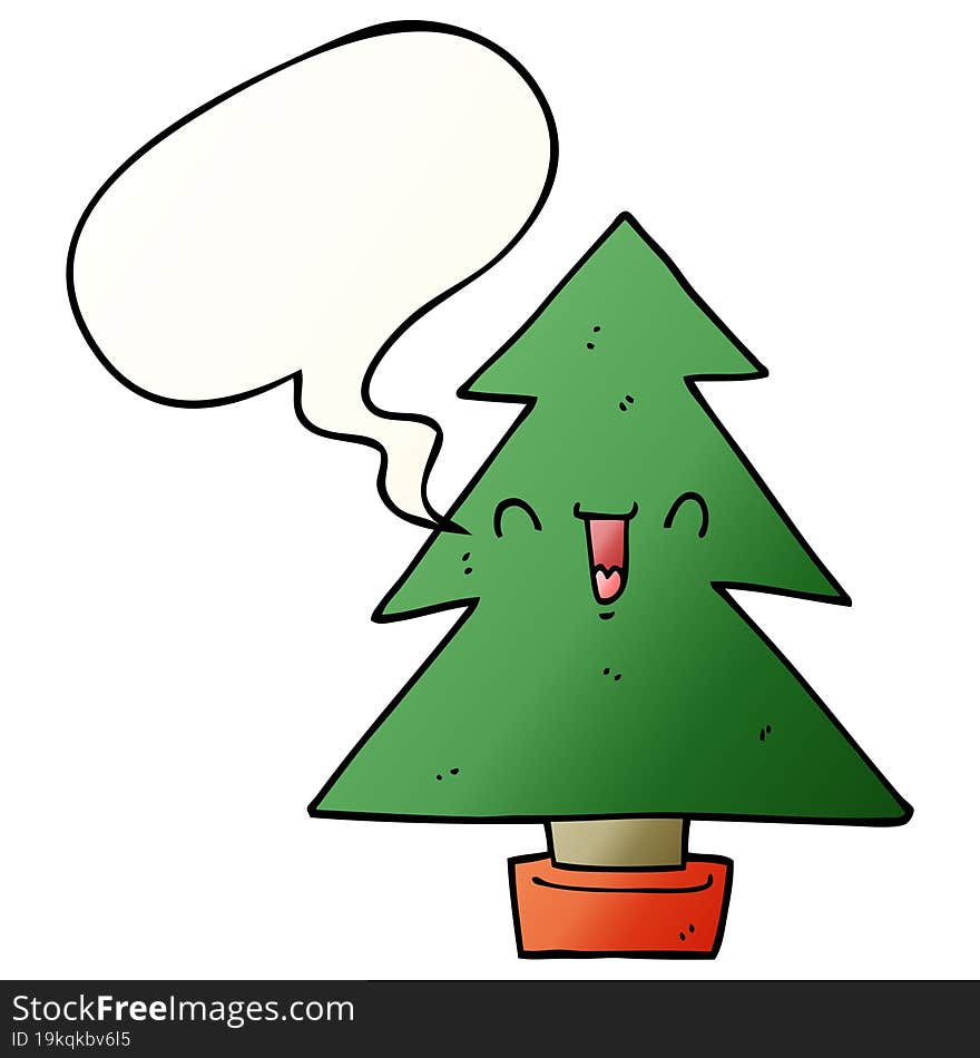 cartoon christmas tree and speech bubble in smooth gradient style