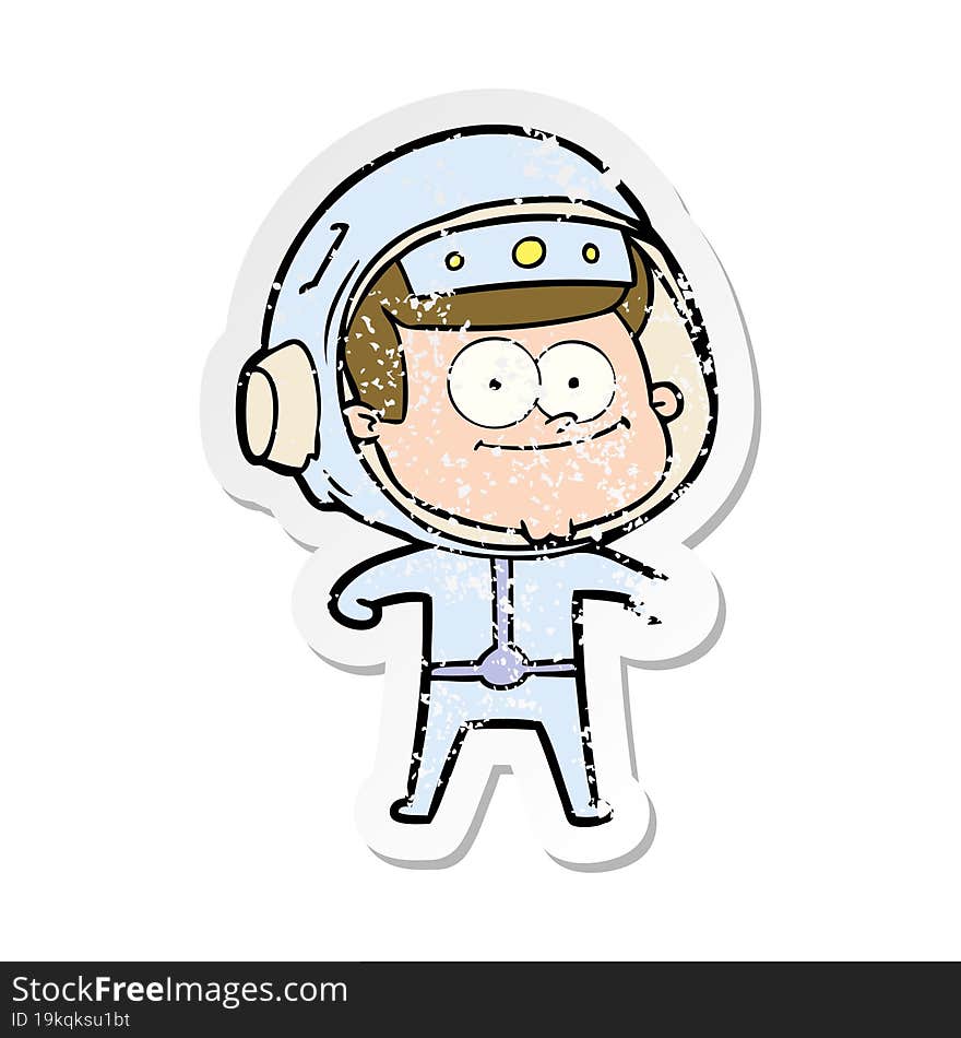 distressed sticker of a happy astronaut cartoon