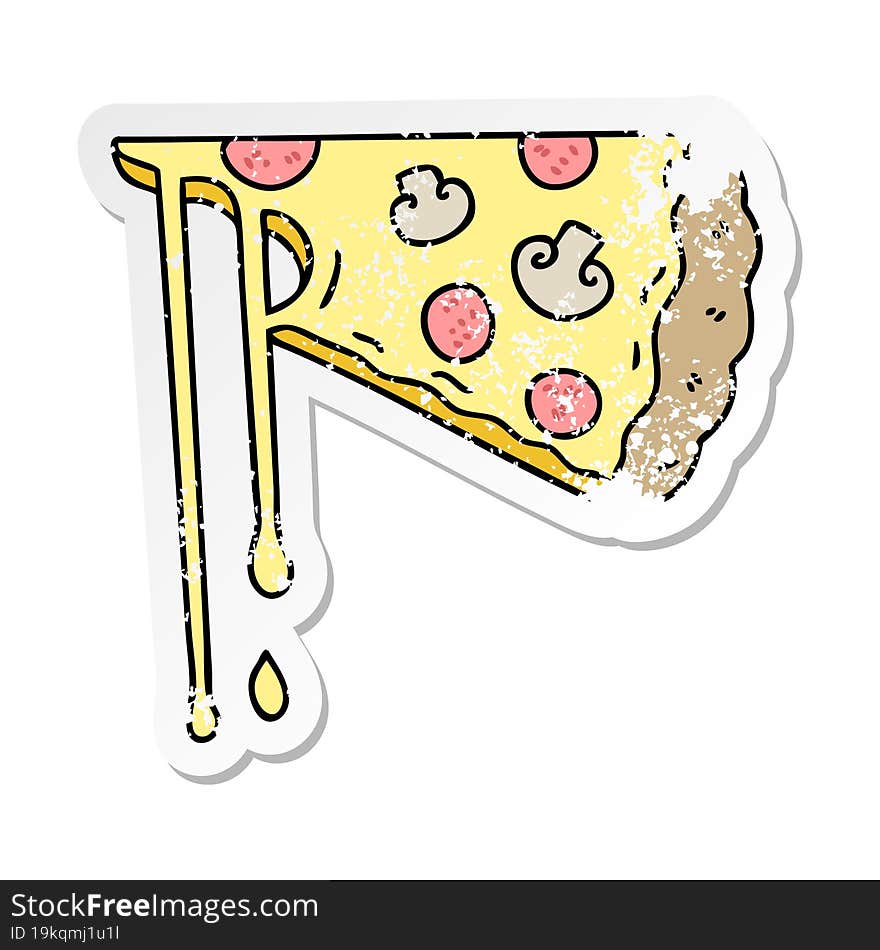 Distressed Sticker Of A Quirky Hand Drawn Cartoon Cheesy Pizza