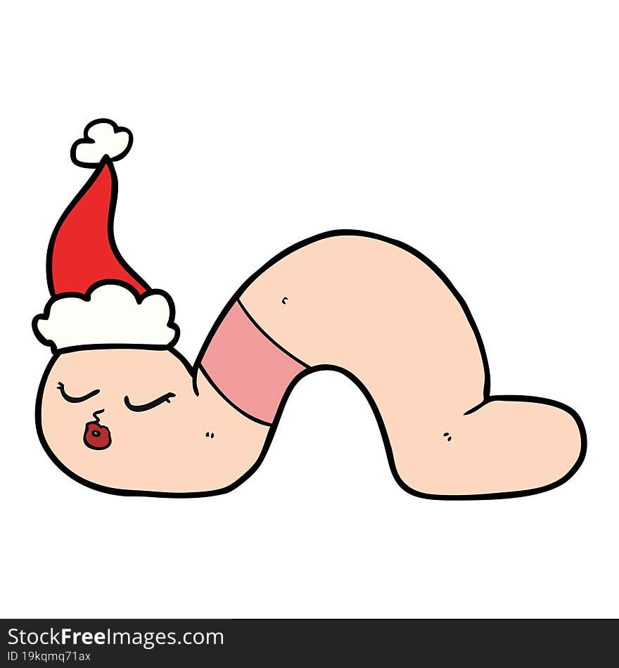 hand drawn line drawing of a worm wearing santa hat