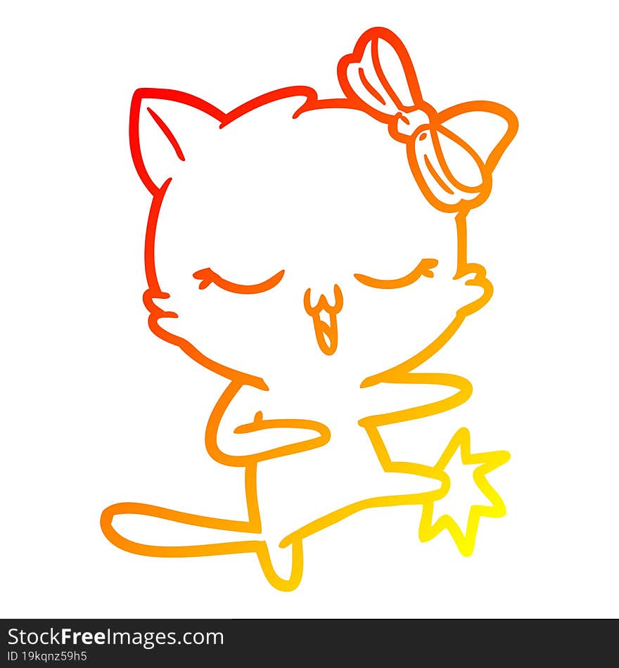 Warm Gradient Line Drawing Cartoon Cat With Bow On Head