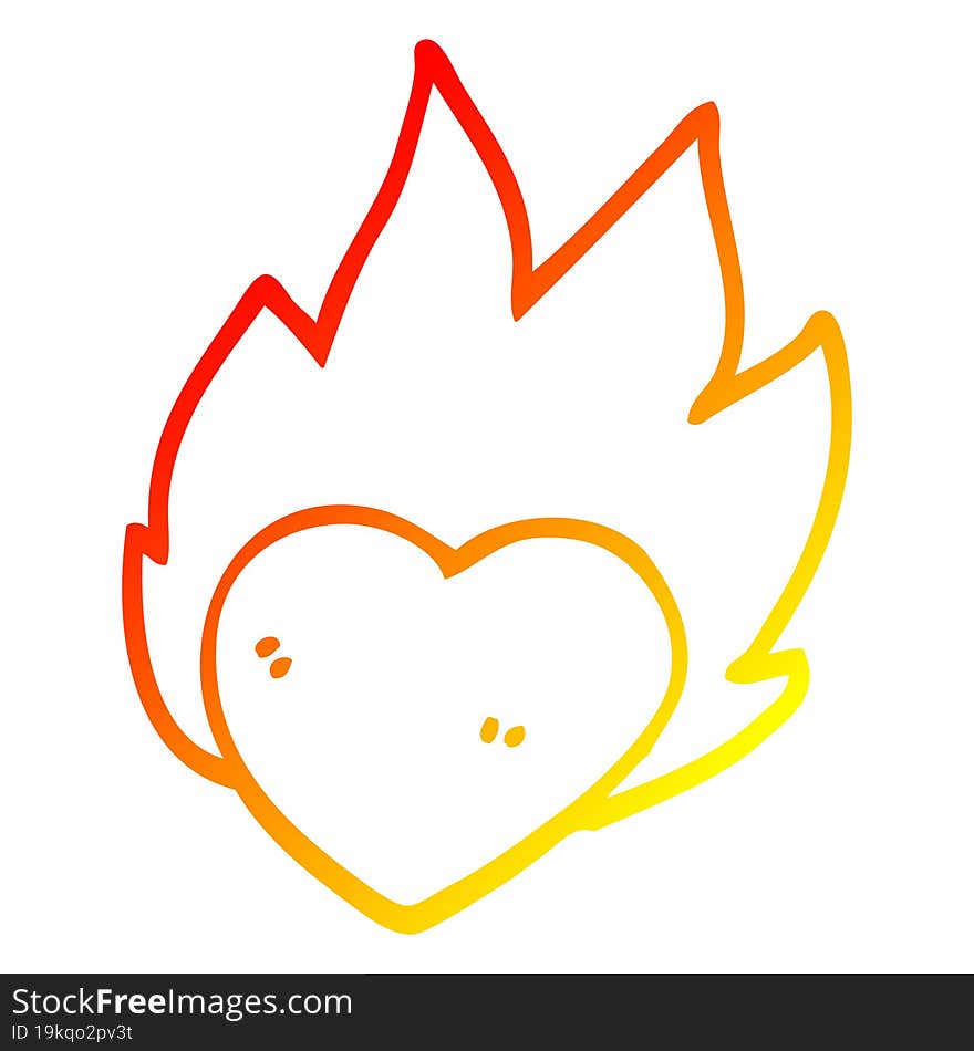 warm gradient line drawing of a cartoon flaming heart