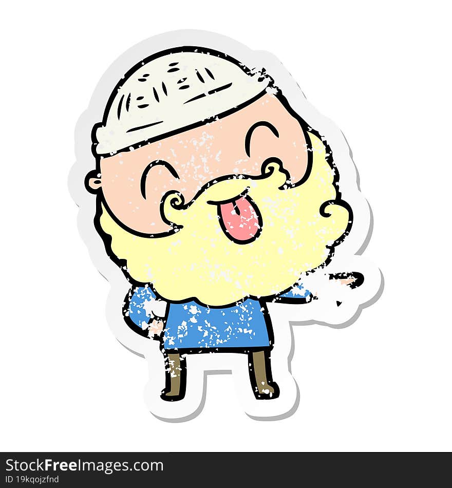 distressed sticker of a man with beard sticking out tongue