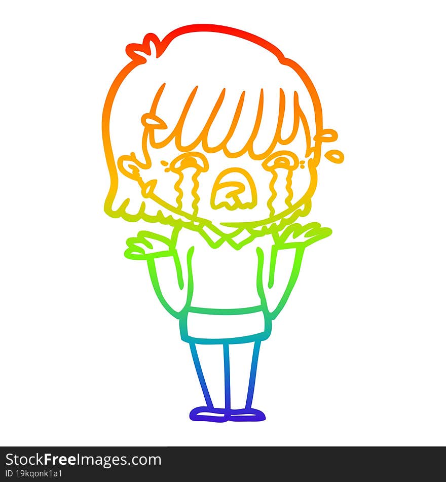 rainbow gradient line drawing of a cartoon girl crying