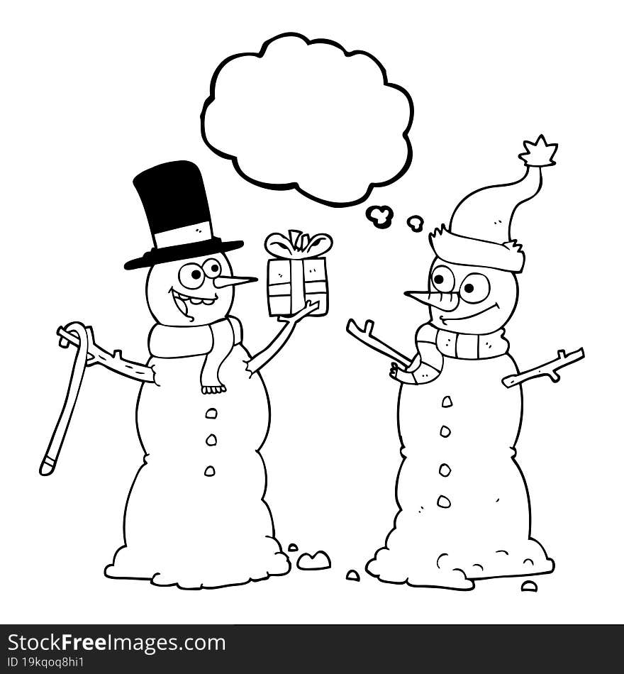 thought bubble cartoon snowmen exchanging gifts