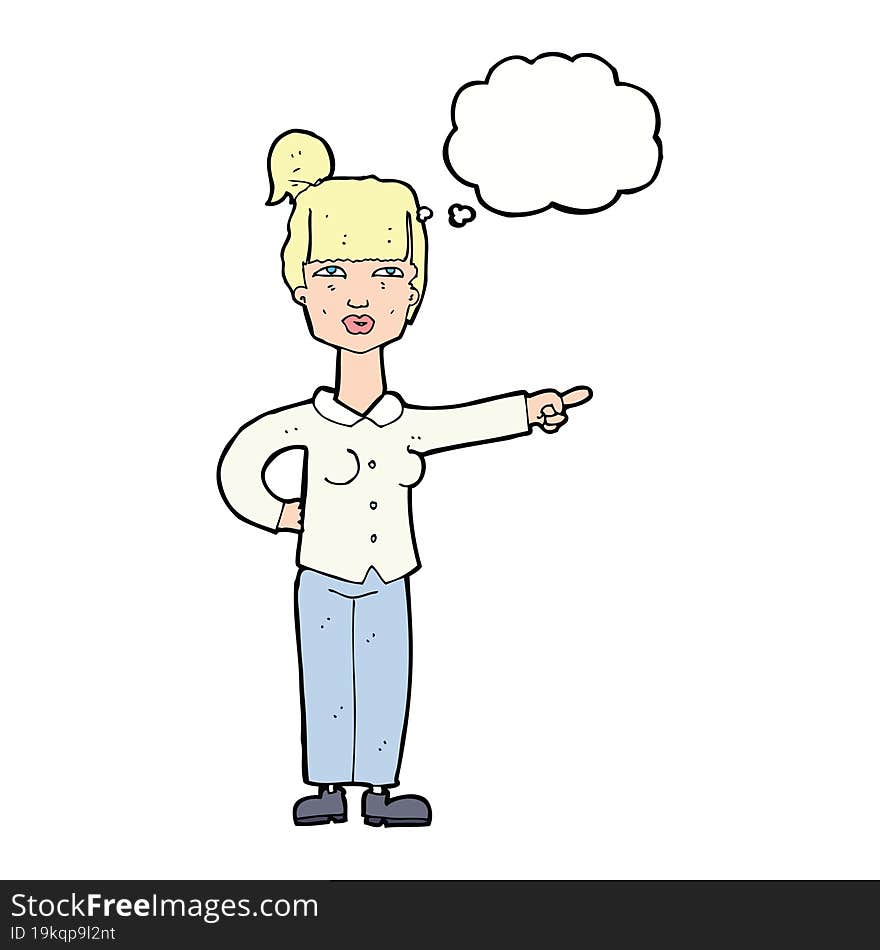 cartoon woman pointing with thought bubble