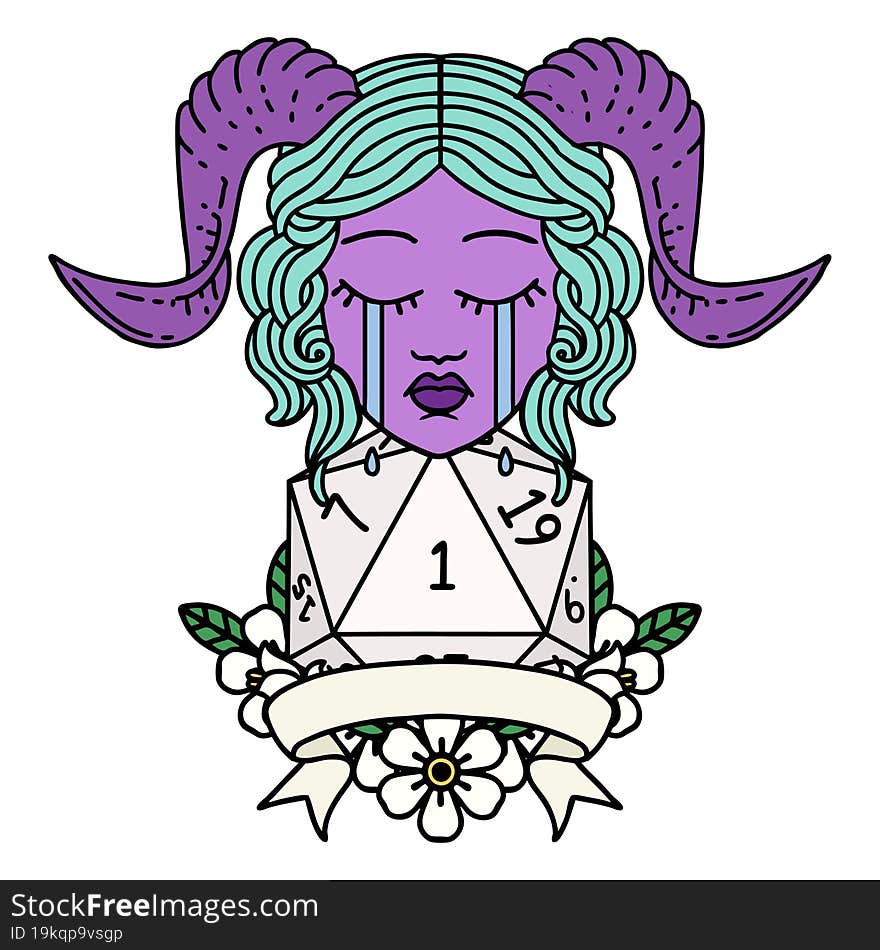 crying tiefling face with natural 1 D20 Dice illustration