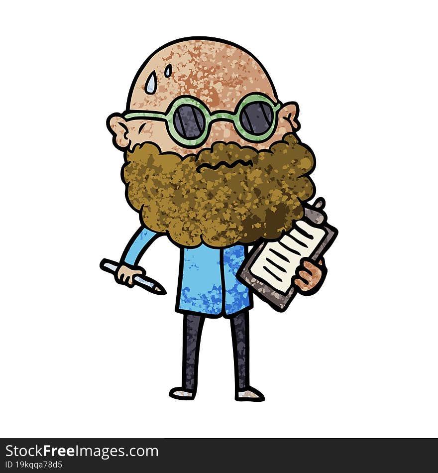 cartoon worried man with beard and sunglasses taking survey. cartoon worried man with beard and sunglasses taking survey