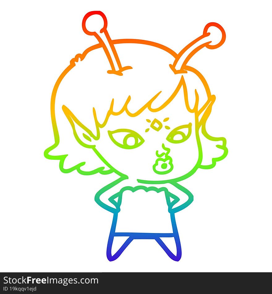 rainbow gradient line drawing pretty cartoon alien girl