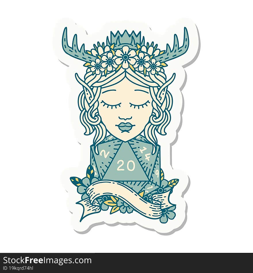 Elf Druid Character With Natural Twenty Dice Roll Sticker