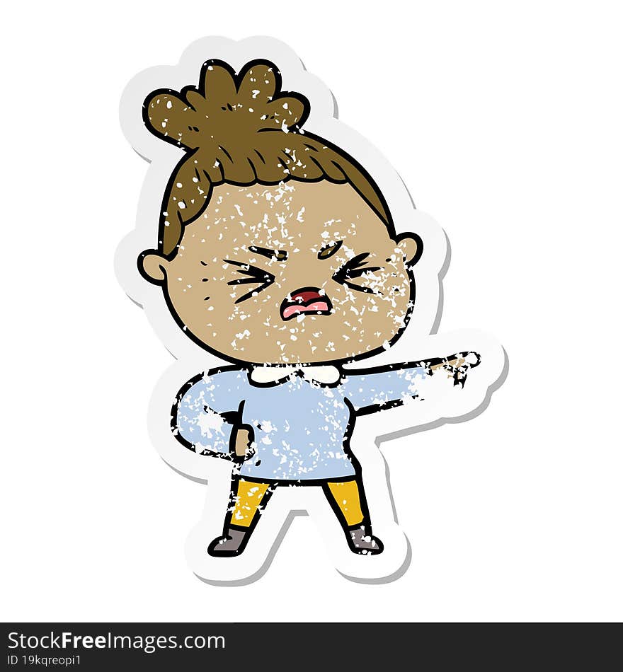 distressed sticker of a cartoon angry woman