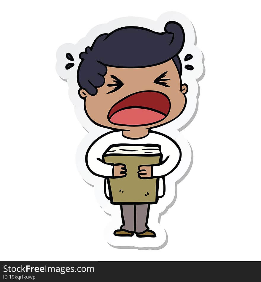 sticker of a cartoon shouting man with book