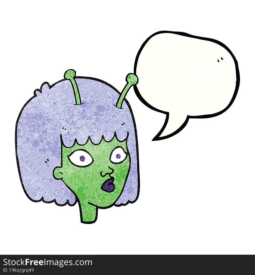 freehand speech bubble textured cartoon female alien