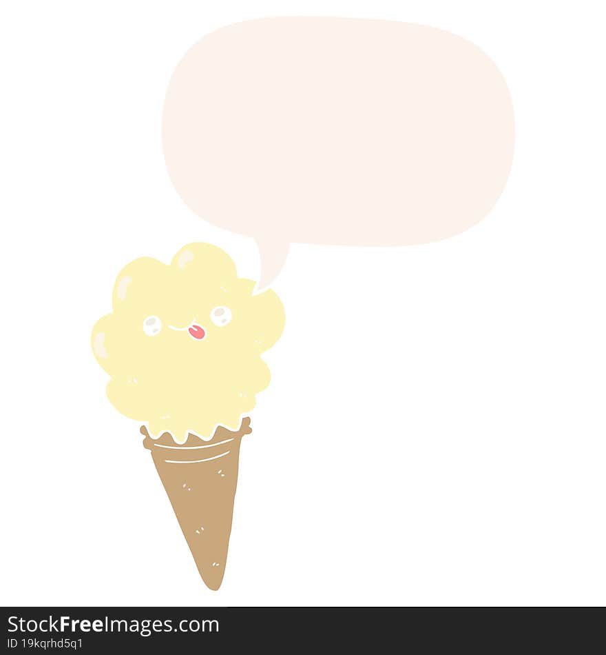 cartoon ice cream and speech bubble in retro style