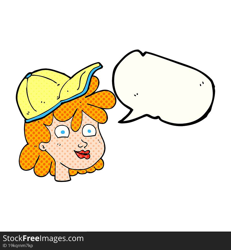 freehand drawn comic book speech bubble cartoon woman wearing cap. freehand drawn comic book speech bubble cartoon woman wearing cap