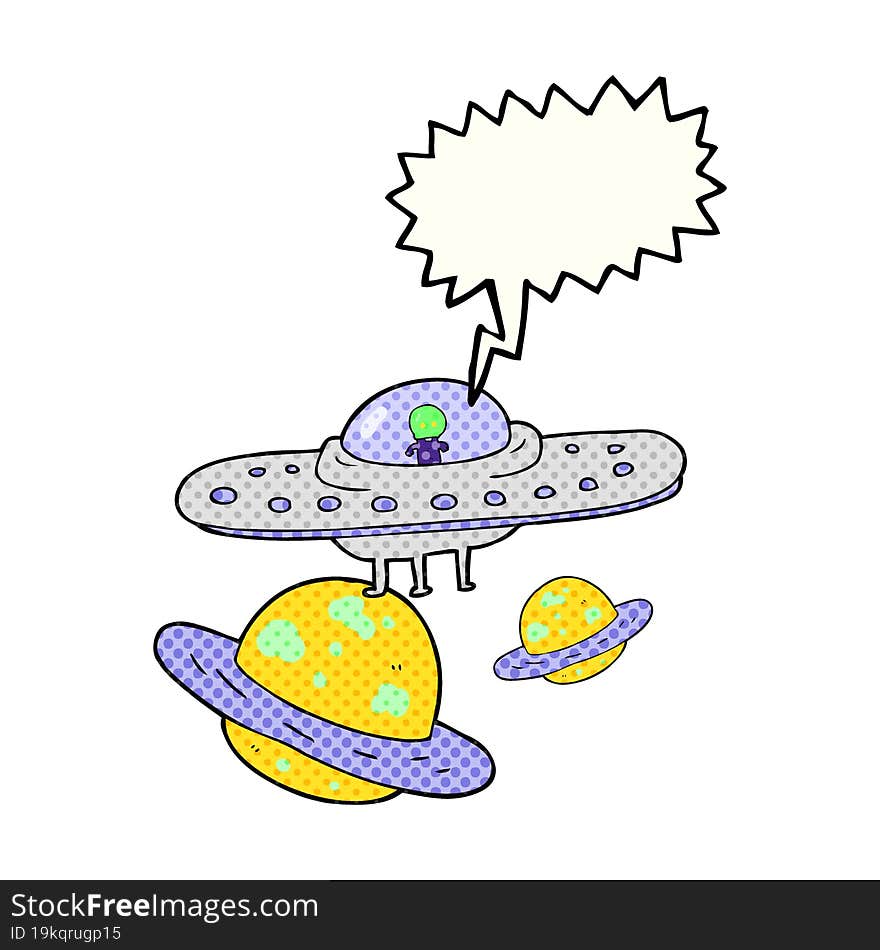 comic book speech bubble cartoon flying saucer in space