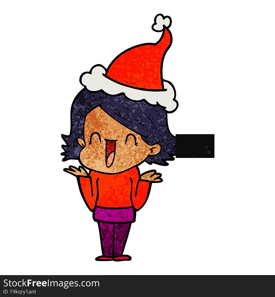 textured cartoon of a happy woman wearing santa hat