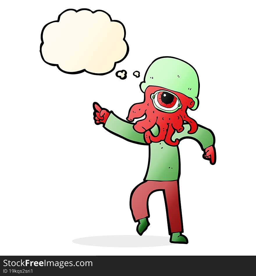 cartoon alien man dancing with thought bubble