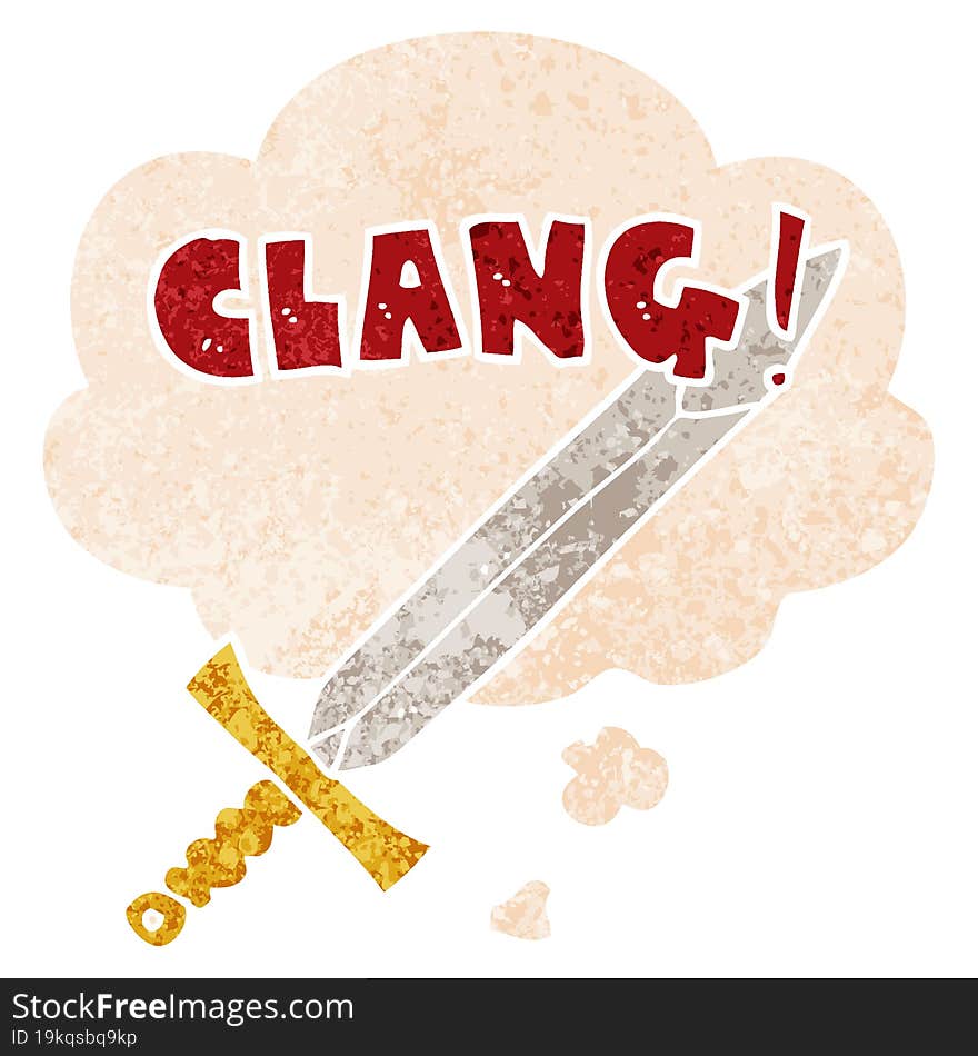 Cartoon Clanging Sword And Thought Bubble In Retro Textured Style