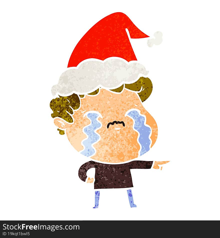 retro cartoon of a man crying wearing santa hat