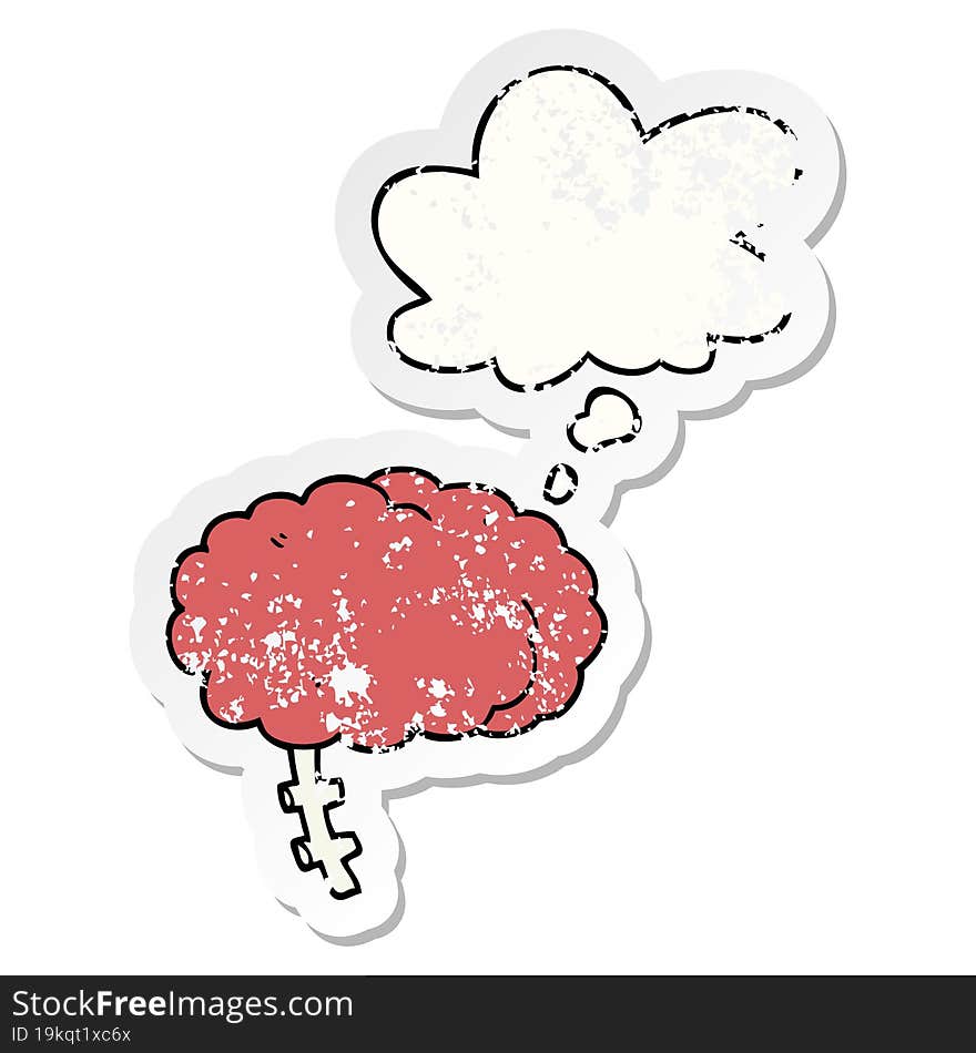 cartoon brain and thought bubble as a distressed worn sticker