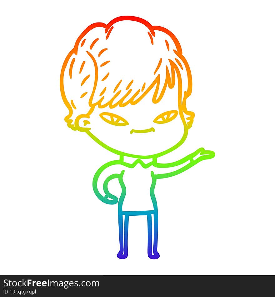 rainbow gradient line drawing of a cartoon happy woman