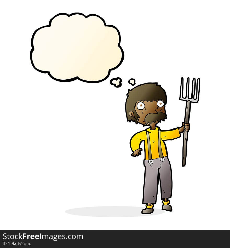 cartoon farmer with pitchfork with thought bubble