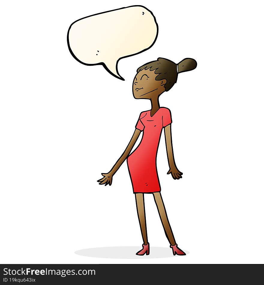 cartoon woman in dress with speech bubble