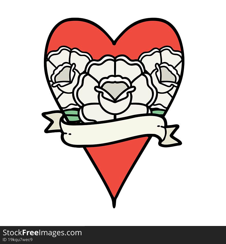 traditional tattoo of a heart and banner with flowers