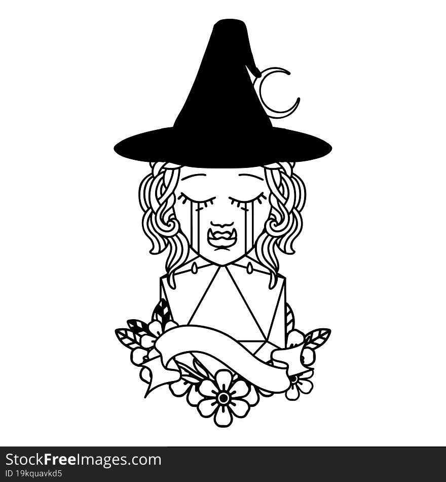 Black and White Tattoo linework Style crying orc witch with natural one D20 roll. Black and White Tattoo linework Style crying orc witch with natural one D20 roll