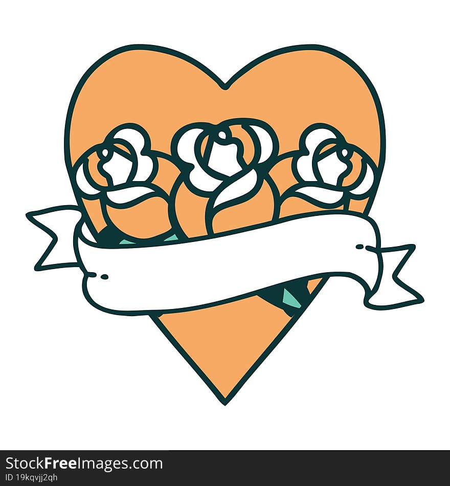 Tattoo Style Icon Of A Heart And Banner With Flowers