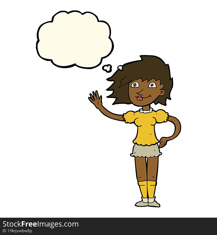 cartoon woman waving with thought bubble