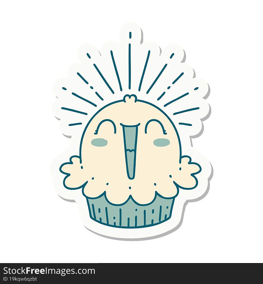 sticker of tattoo style happy singing cupcake