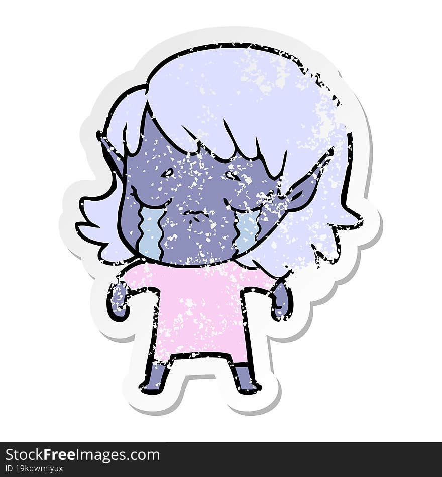 distressed sticker of a cartoon crying elf girl