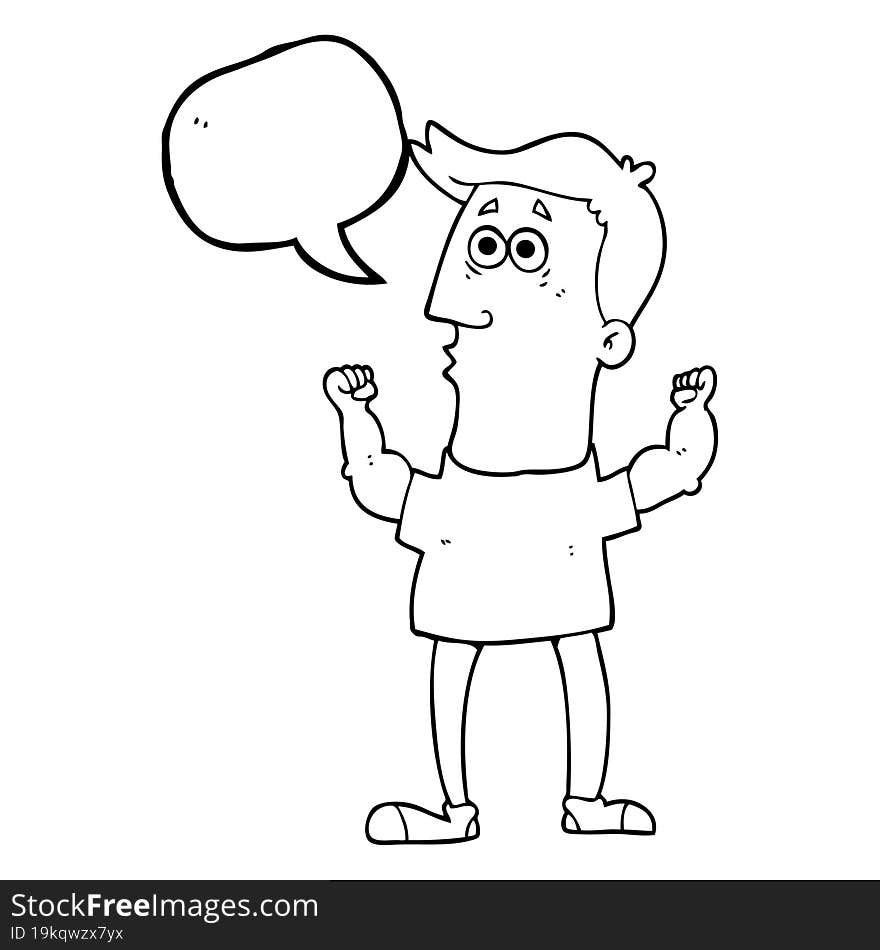 freehand drawn speech bubble cartoon surprised man flexing biceps