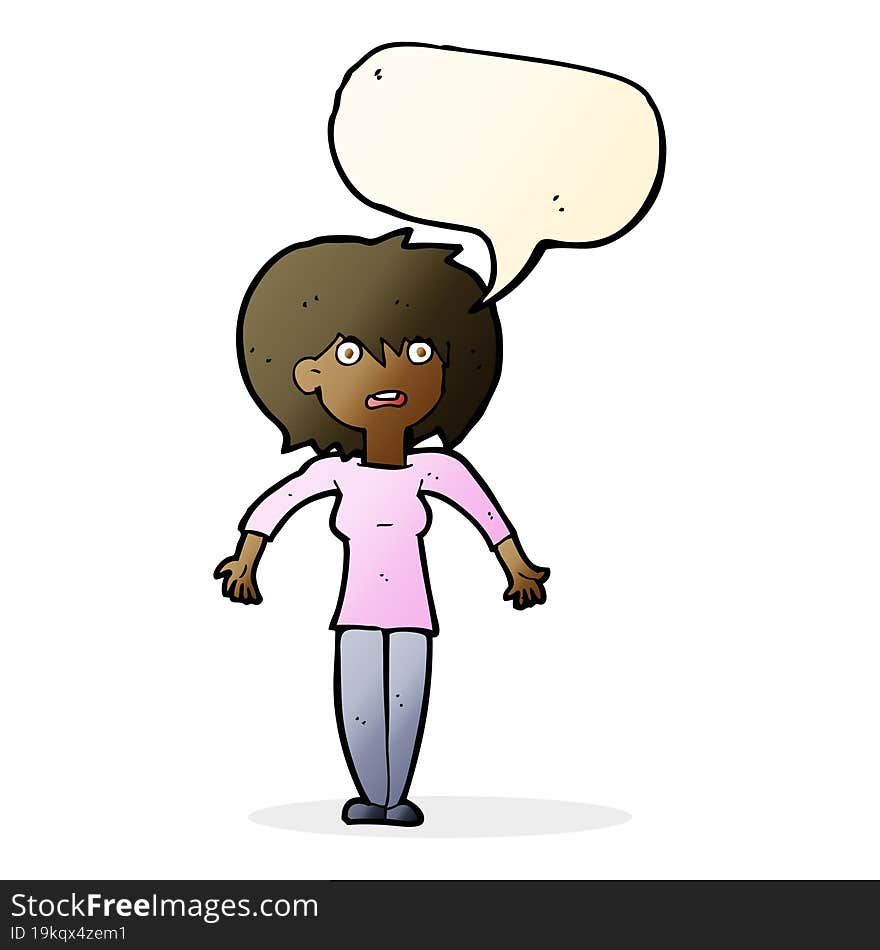 cartoon woman shrugging shoulders with speech bubble