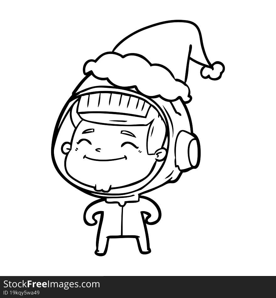 happy line drawing of a astronaut wearing santa hat