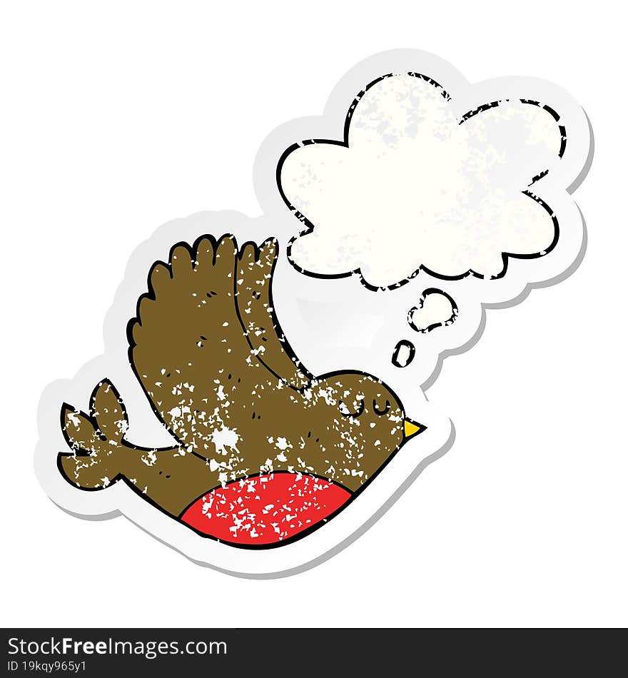 cartoon flying bird and thought bubble as a distressed worn sticker