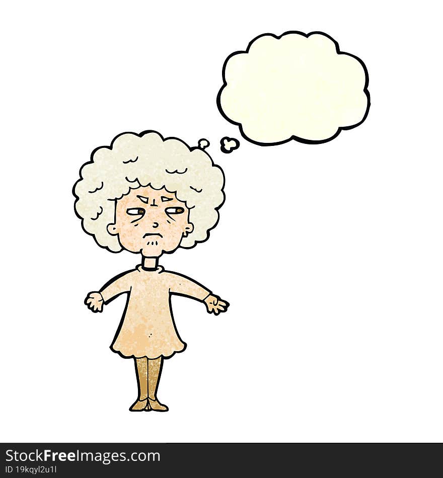 cartoon bitter old woman with thought bubble