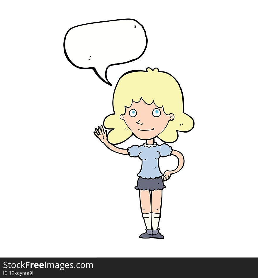 cartoon woman waving with speech bubble