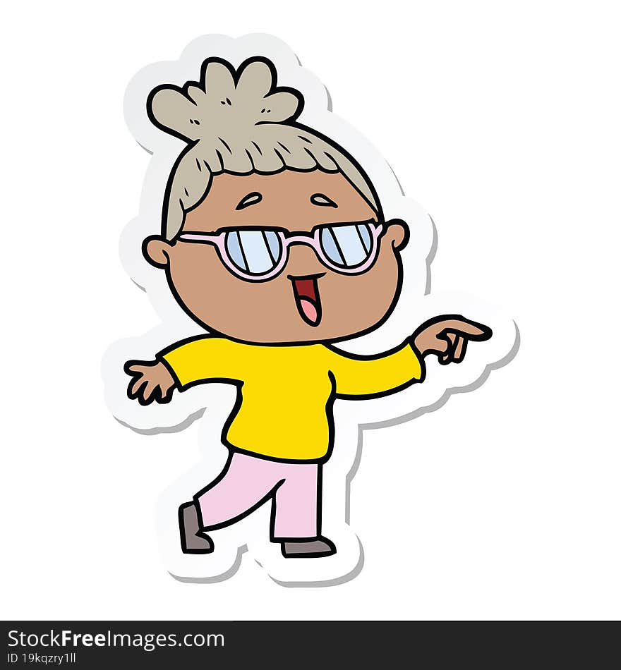 sticker of a cartoon happy woman wearing spectacles