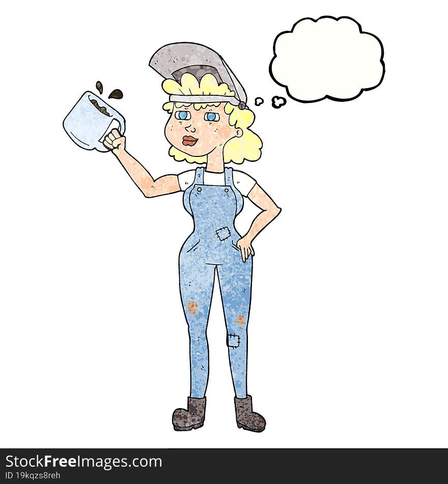 freehand drawn thought bubble textured cartoon woman in dungarees