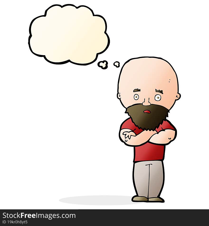 cartoon shocked bald man with beard with thought bubble