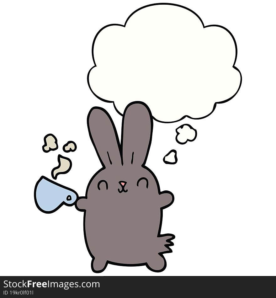 cute cartoon rabbit with coffee cup and thought bubble