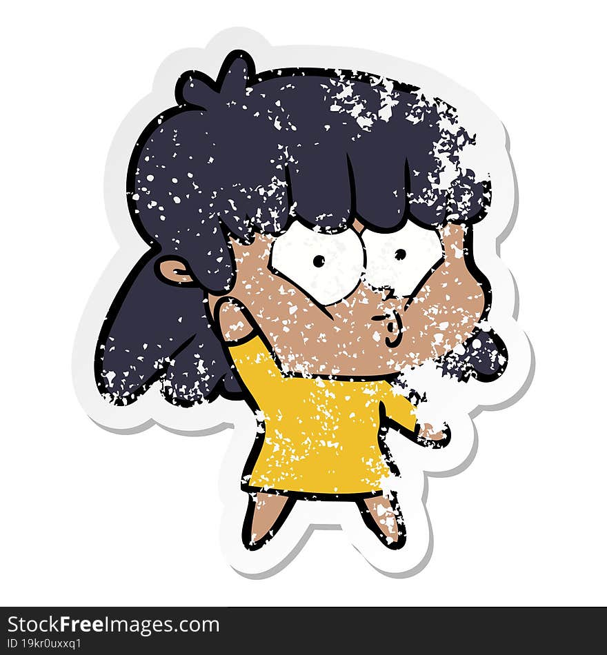 distressed sticker of a cartoon whistling girl