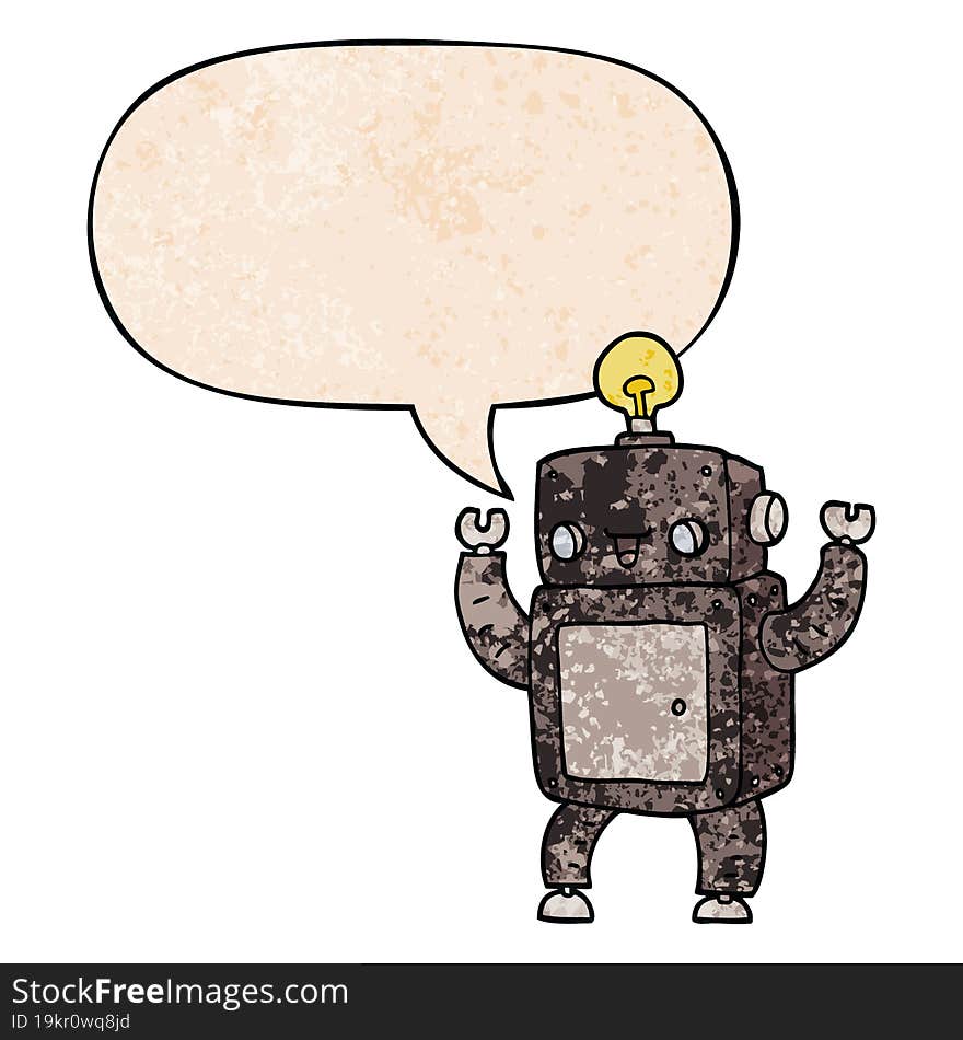 cartoon happy robot and speech bubble in retro texture style