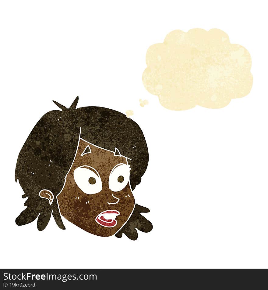 cartoon female face with surprised expression with thought bubble