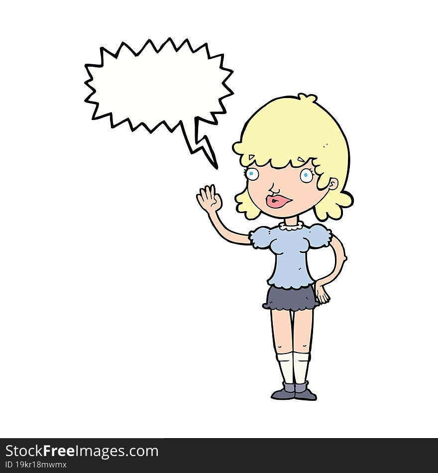 Cartoon Waving Woman With Speech Bubble